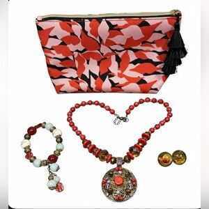 4-Pc Jewelry Set & Bag | Necklace Bracelet
Earrings Boho Red